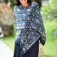 Silk batik shawl, 'Royal Art' - Blue Batik Silk Patterned Shawl