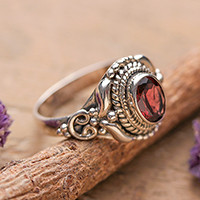 Garnet cocktail ring, 'Romantic Traditions' - Traditional Style Silver and Garnet India Cocktail Ring