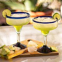 Handblown margarita glasses, 'Cobalt Contrasts' (set of 6) - Eco Friendly Set of Six Hand Blown Margarita Glasses