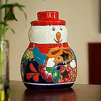 Ceramic candle holder, 'Snowman Glow' - Snowman Talavera Ceramic Candle Holder from Mexico