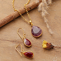 Gold-plated ruby jewelry set, 'Blissful Crimson' - 18-Carat Ruby Gold-Plated Necklace and Earrings Jewelry Set