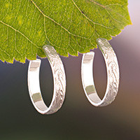 Sterling silver half-hoop earrings, 'Cedar in the Forest' - Tree Bark-Like Textured Sterling Silver Half-Hoop Earrings