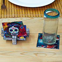 Decoupage wood coasters, 'Catrina Essence' (set of 6) - 6 Catrina and Catrin Day of the Dead Decoupage Wood Coasters