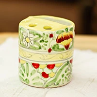 Ceramic toothbrush holder, 'Pastel Talavera' - Talavera-Style Floral Leaf-Themed Ceramic Toothbrush Holder